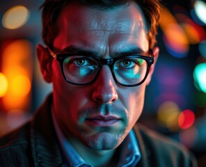 Intense portrait of a man with glasses, illuminated by colorful lights.