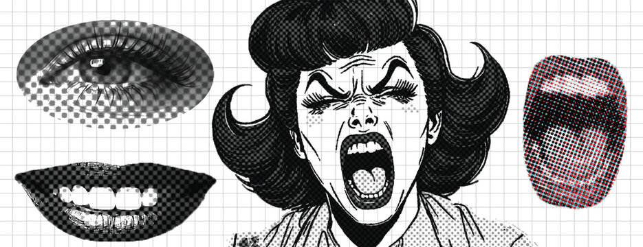 retro cartoon Pop Art Halftone Screaming anger Woman and Facial Elements with comic style, vintage comic style frustration woman shouting paper cutouts vector illustration with halftone dot lips