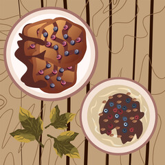 colate Dessert With Blueberries and Cream Flat Illustration