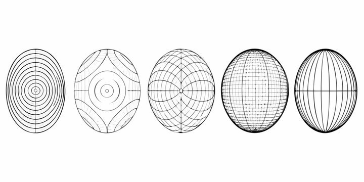 A sequence of five ellipsoids with varying internal line patterns depicted