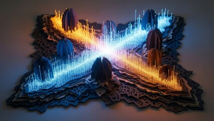 Square multilayered platform with structures emitting bright blue  orange light beams to a central point on a patterned base