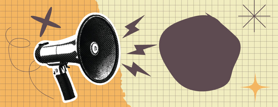 retro vintage pop art style halftone dotted  megaphone  black and white color for announcement banner for social media cover, header, website header template comic book style
