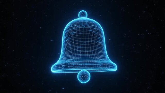 Glowing bell ringing in space, notification and alert concept footage.