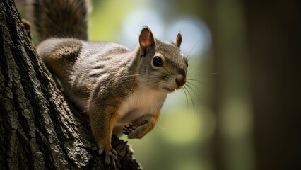 Obraz premium A squirrel clings to rough tree bark, captured in a natural forest environment with soft green bokeh background.