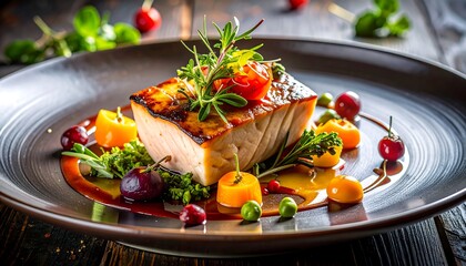 A close-up shot of a gourmet dish on a brown plate, showcasing a seared fillet, garnish, and colorful vegetables
