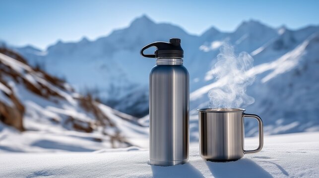 A silver water bottle and a cup of hot coffee sit on a snowy mountain