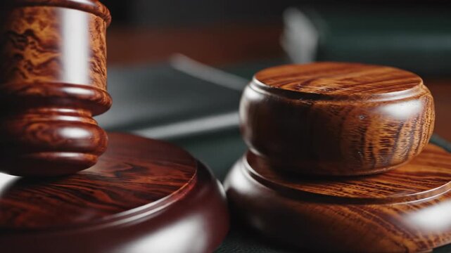 Wooden Mallet: A close-up shot of a polished wooden gavel, symbolic of law, justice, and the judicial system, rests on a table, ready to deliver a verdict.
