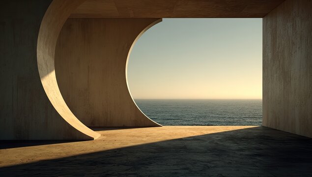 Modern architectural interior framing a serene seascape with a half-circle portal