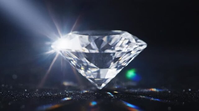 A stunning, flawless diamond resting on a dark surface, illuminated by dramatic light.