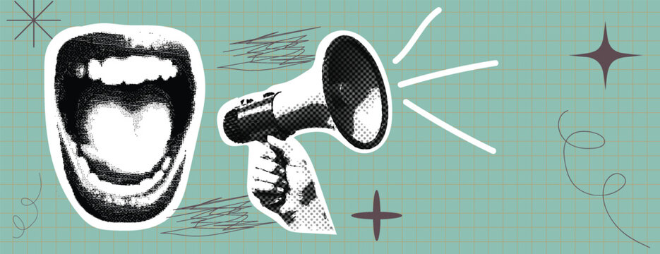 
Retro Pop Art Banner with halftone Screaming mouth retro vintage comic style pop art Open screaming Mouth paper cutouts collage with megaphone and blank speech bubble box for promotion banner