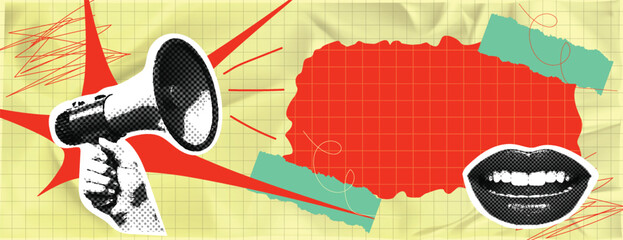 retro vintage pop art style halftone dotted megaphone and smile lips with torn paper with a bandage in black and white color for event  announcement banner for social media cover, header, web header © Nusrat