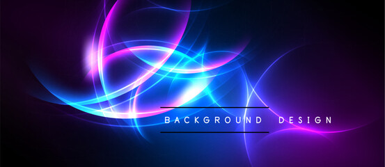 Abstract neon swirls, vibrant blues, purples dominate dark background. Text reads background design. Dynamic energy radiates throughout composition.