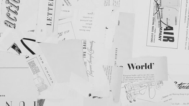 Fast newspaper headlines animation. A chaotic, black and white stop-motion loop of vintage news clippings.Vintage newspaper collage loop.Video effect 4k resolution