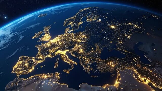 Europe at night from space, showing city lights and atmospheric glow.