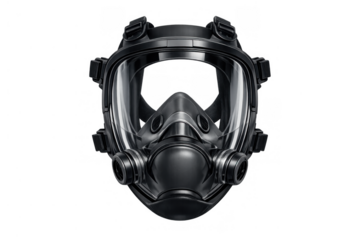 Black gas mask protecting against toxic air and airborne threats, featuring modern tactical design and filtering technology