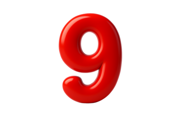Glossy red number nine balloon 3d rendering for happy birthday party decoration anniversary event celebration or mathematical learning education design isolated on transparent background