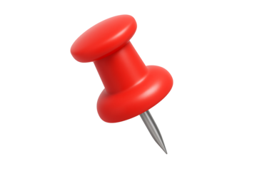 Red 3d realistic push pin icon for office stationery supplies and location map marking or notice board isolated on transparent background