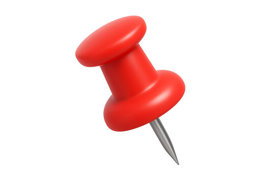 Red 3d realistic push pin icon for office stationery supplies and location map marking or notice board isolated on transparent background