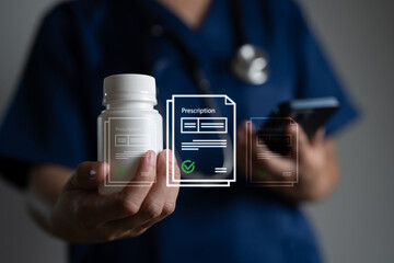 Close-up of healthcare professional holding medicine bottle and using smartphone with digital prescription. E-prescription, digital pharmacy and telemedicine solutions concepts.