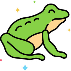 Fototapeta premium Cute green frog cartoon sitting happily with sparkles, adorable amphibian character illustration for kids books, stickers, classroom posters and nature projects