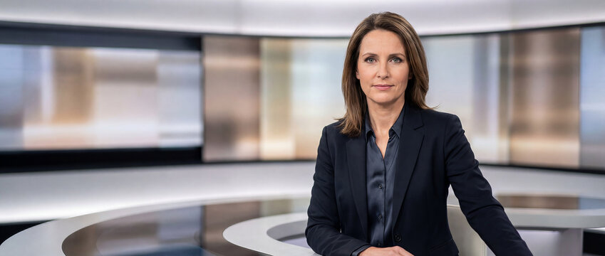 Portrait of Newsreader Presenting News in Television Studio