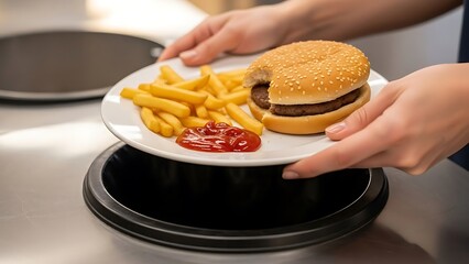 Serving a classic hamburger with french fries and ketchup on a white plate