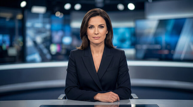 Portrait of Newsreader Presenting News in Television Studio