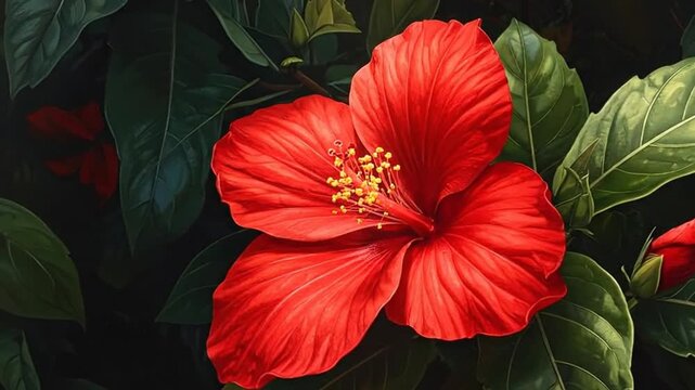 Vibrant red hibiscus flower with detailed petals and lush green leaves, artistic rendering.