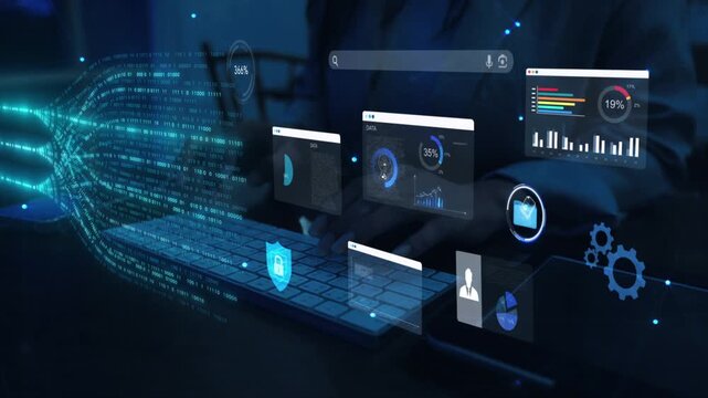 woman analyst uses a computer AI artificial intelligence and dashboard for data business analysis and Data Management System with KPI and metrics connected to the database for technology finance,