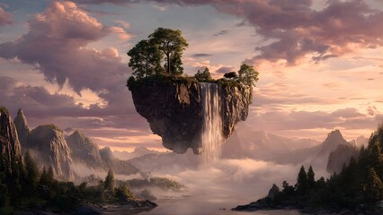Surreal digital art of a floating island with a waterfall at sunset over a mountain landscape