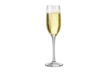 Champagne flute glass full of sparkling wine and bubbles, celebrating special events, new year, isolated on transparent background