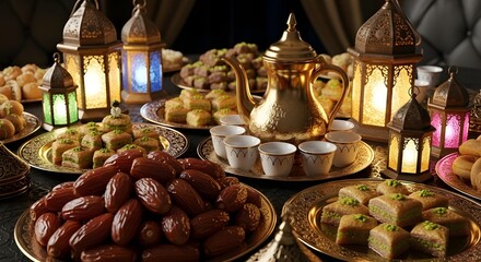Fototapeta premium A beautiful display of traditional middle eastern sweets, dates, and arabic coffee, illuminated by festive lanterns