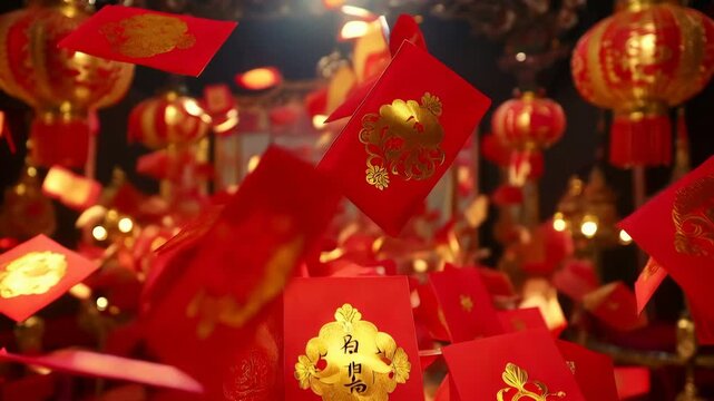 Festive background of red Ang Pao envelopes falling like rain