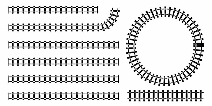 Black and white illustration of train tracks in various configurations