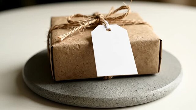 A wrapped gift box with a blank tag is presented with soft lighting.