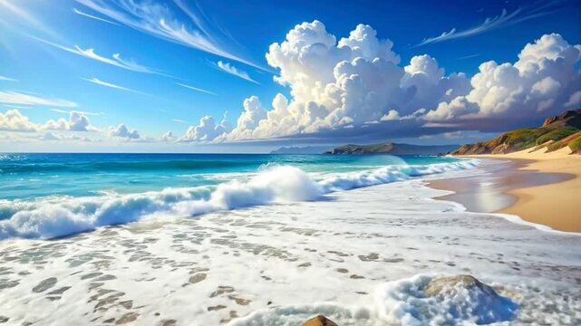 Scenic beach landscape featuring turquoise water, golden sand, and f white clouds under a blue sky.