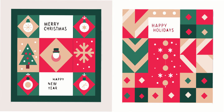 Festive geometric designs featuring christmas trees snowflakes and holiday greetings