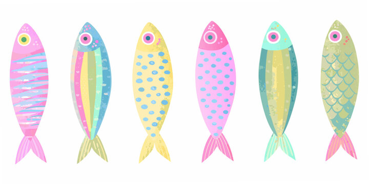 A colorful row of stylized sardine fish illustrations on a white background