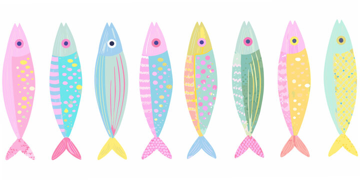 A colorful row of stylized fish with dotted patterns and playful designs