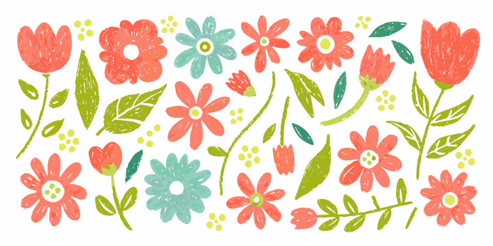 A charming collection of hand drawn flowers in pastel shades and green foliage