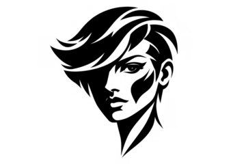 Woman's face black silhouette vector graphic with modern short haircut, beauty salon logotype, transparent background