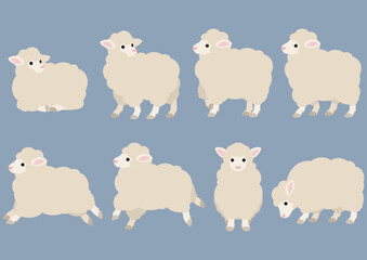牧場で過ごすひつじの様子を描いたシンプルなイラストセット