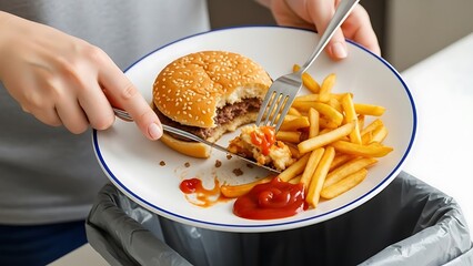 Discarding a half-eaten burger and fries into a trash can