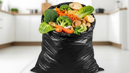 A full black trash bag overflowing with fresh vegetables and bread