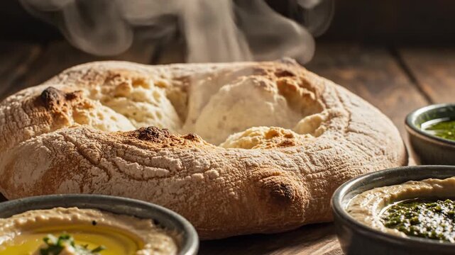 Pita Bread and Dips: A freshly baked pita bread takes center stage, accompanied by tempting dips in small bowls. The steam rises, inviting you to enjoy the delicious pairing.