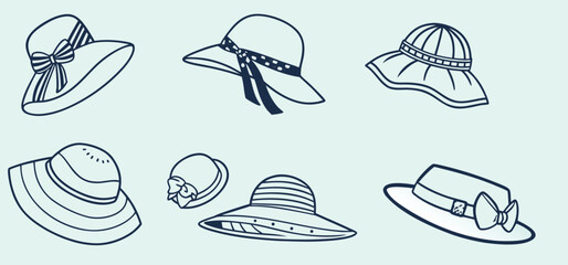 Fototapeta premium Collection of stylish sun hats for women with decorative bows and ribbons, women’s summer hats in hand-drawn vector style, perfect for fashion, beach, and holiday-themed projects.