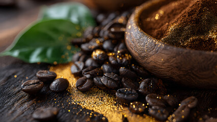 Obraz premium Dark Roasted Coffee Beans and Powder in Wooden Bowl Close Up