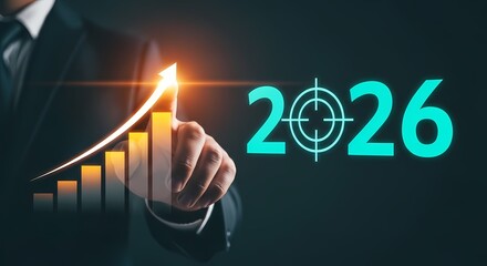 2026 Business Goal Target Achievement. Businessman touching virtual screen with growing financial chart arrow, symbolizing future strategy and success.