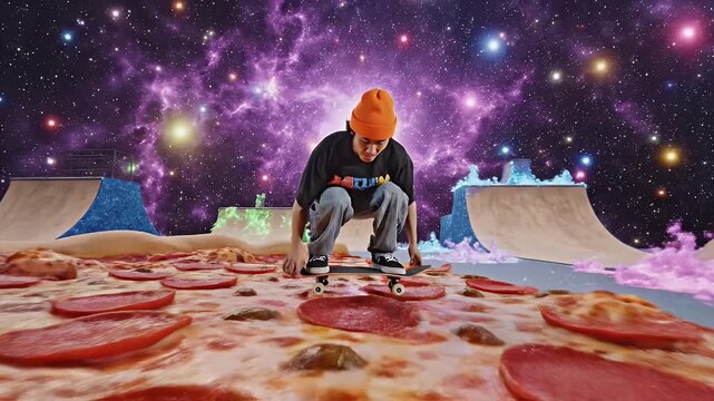 A young, stylish skateboarder wearing an orange beanie executes an impressive trick, jumping high above the surface of a giant pepperoni pizza situated within a vibrant, surreal skatepark under.