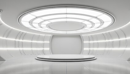 Obraz premium Modern, futuristic interior with a circular stage, glowing lights, and clean, white surfaces